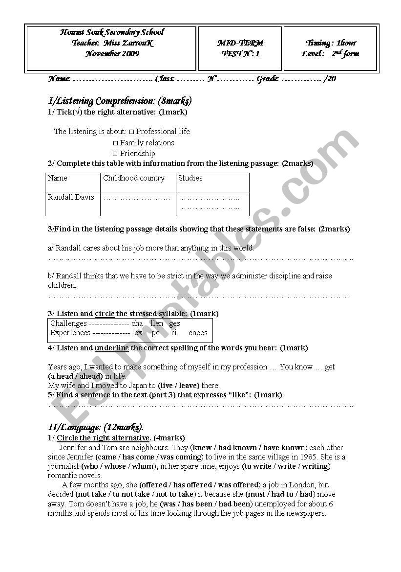 2nd year mid-term test worksheet