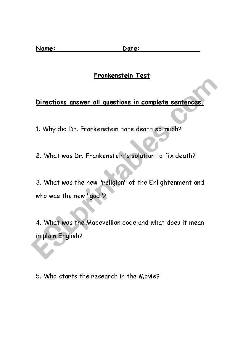 Frankenstein Test worksheet