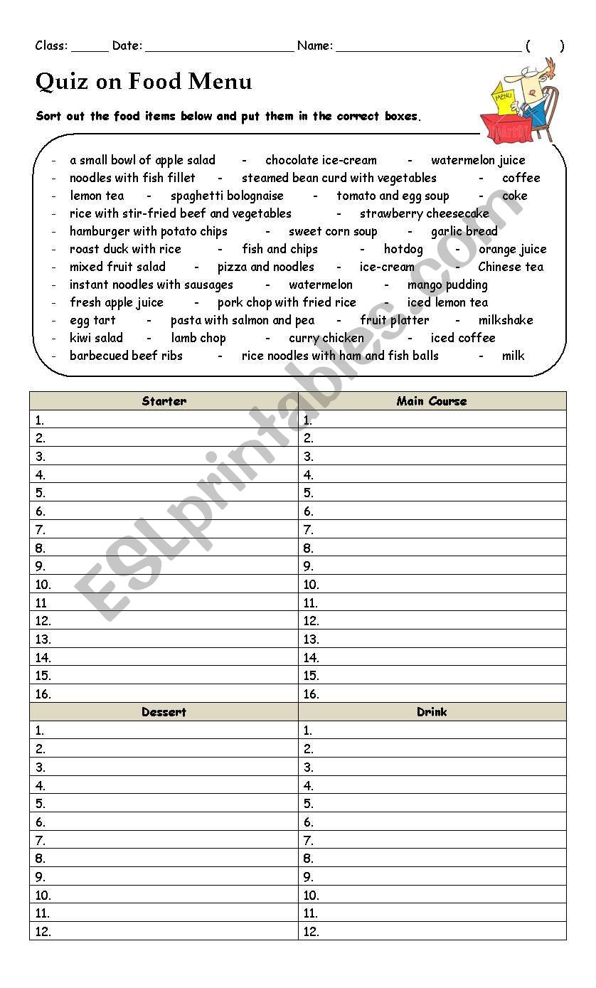 Food Menu worksheet