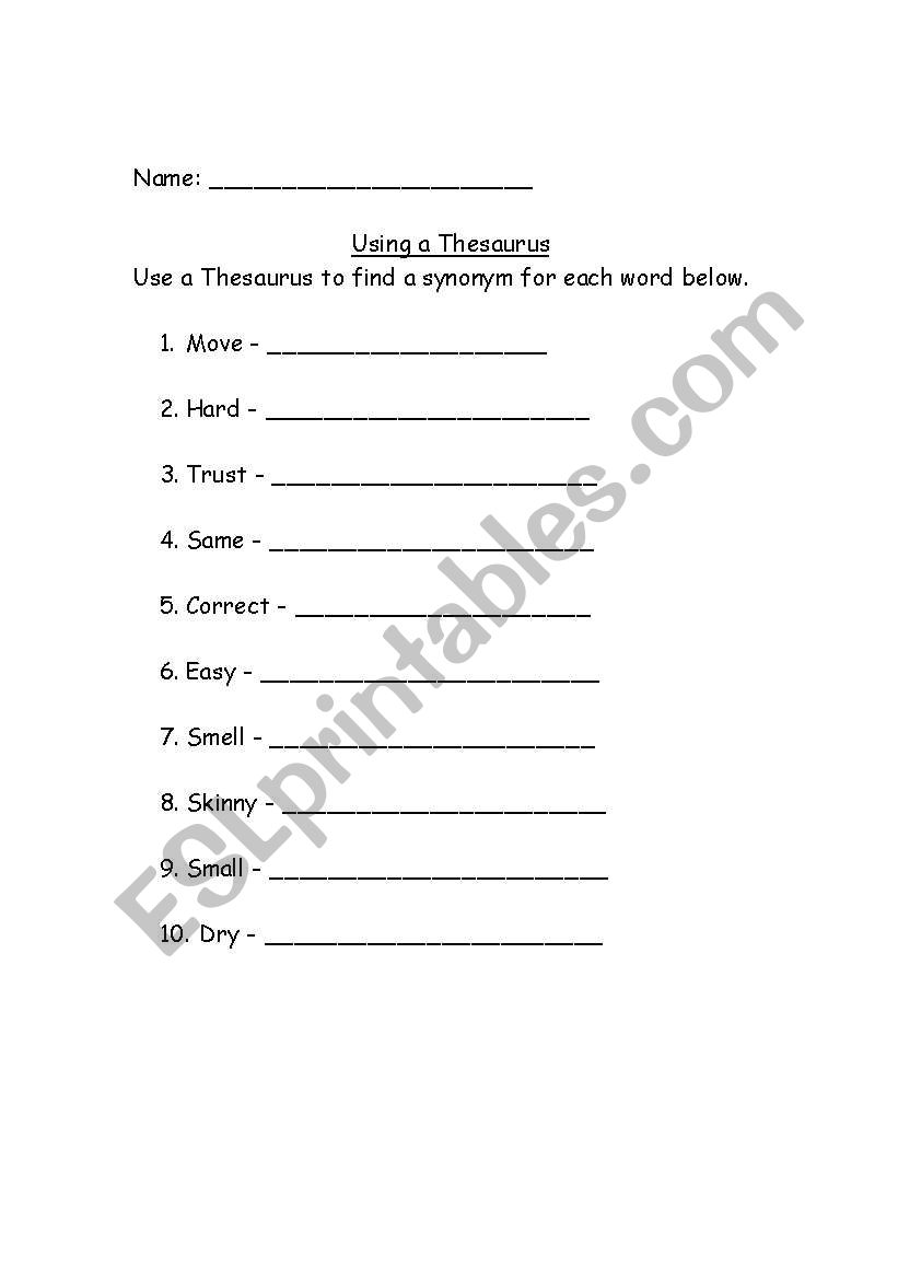 Using a Thesaurus  worksheet