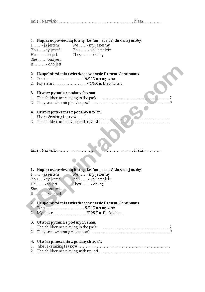 test;present continuous worksheet