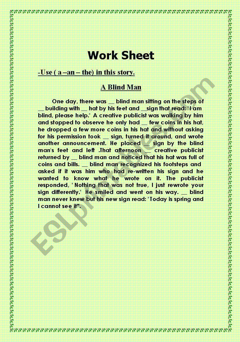 the use of the articles worksheet