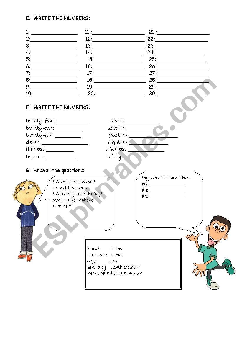 numbers worksheet