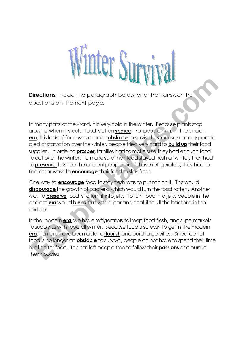 Winter Survival - Reading, Vocab