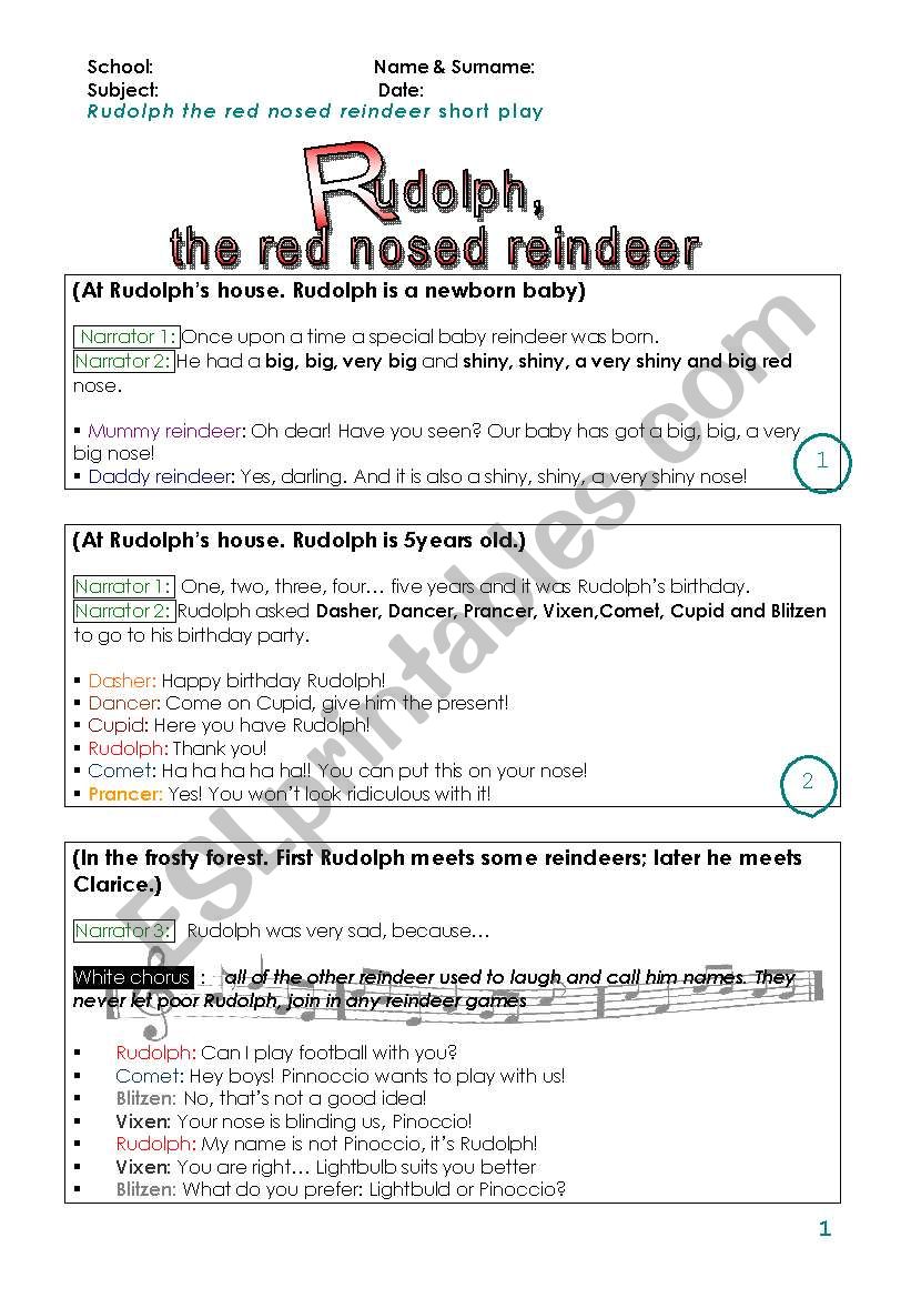 Rudolph short play worksheet