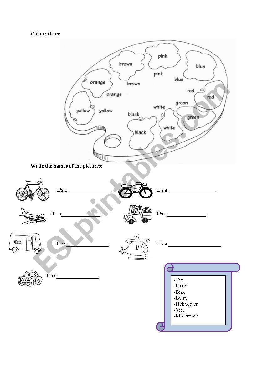 colours and transportation worksheet