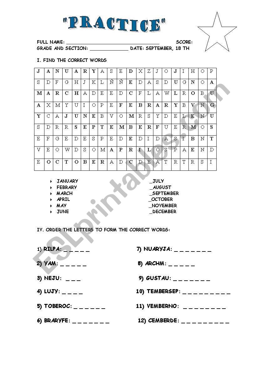 months worksheet