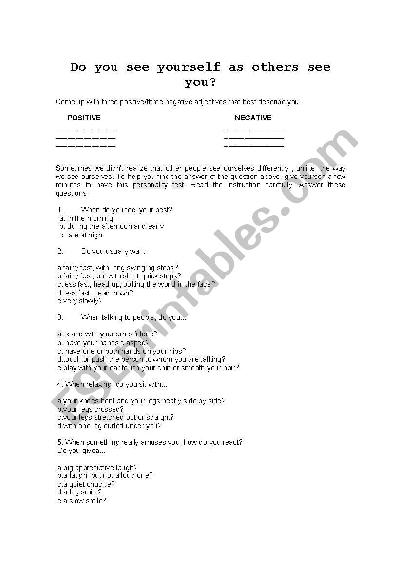 Personality Test worksheet