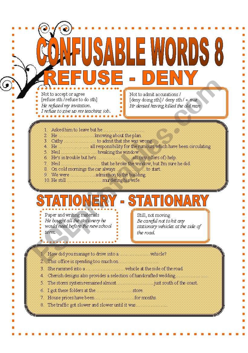 CONFUSABLE WORDS 8- REFUSE-DENY-STATIONARY-STATIONERY -AMOUNT-NUMBER-WANDER-WONDER