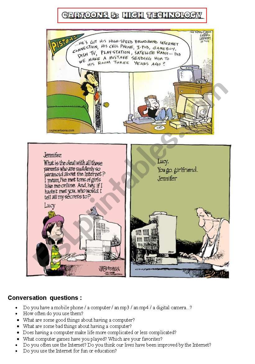 HANDY THEMATIC COLLECTION of cartoons, vocabulary, conversation questions  and essay topics Part 5 - HIGH TECHNOLOGY - ESL worksheet by alexa25