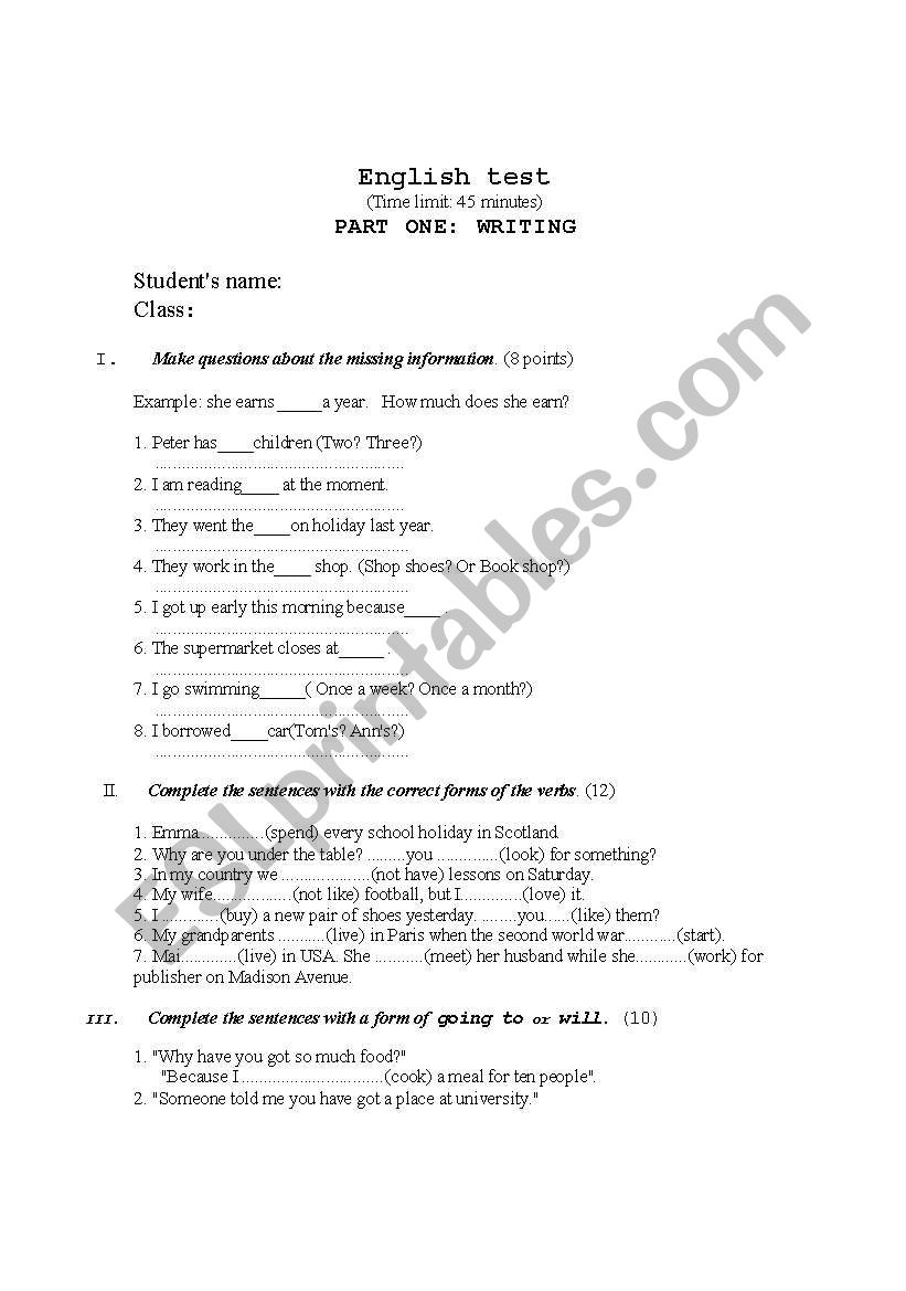 English test worksheet