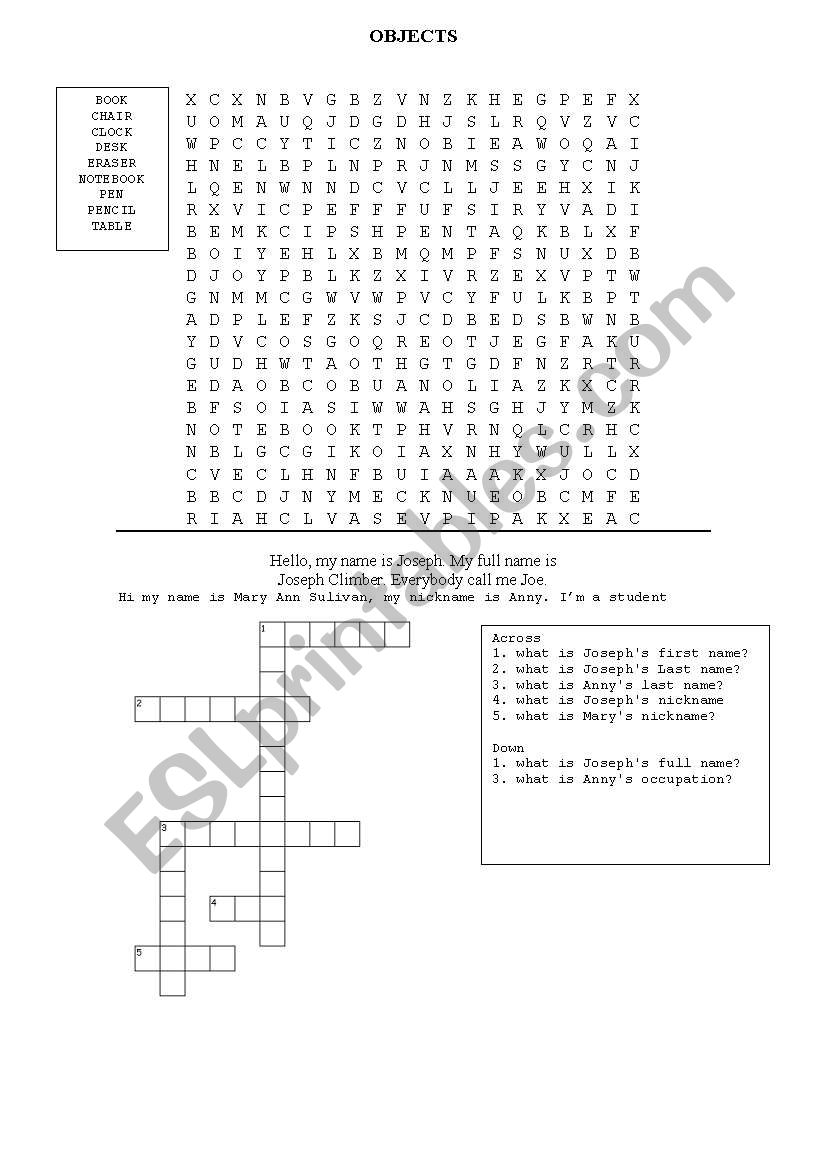 Objects maze and names crossword
