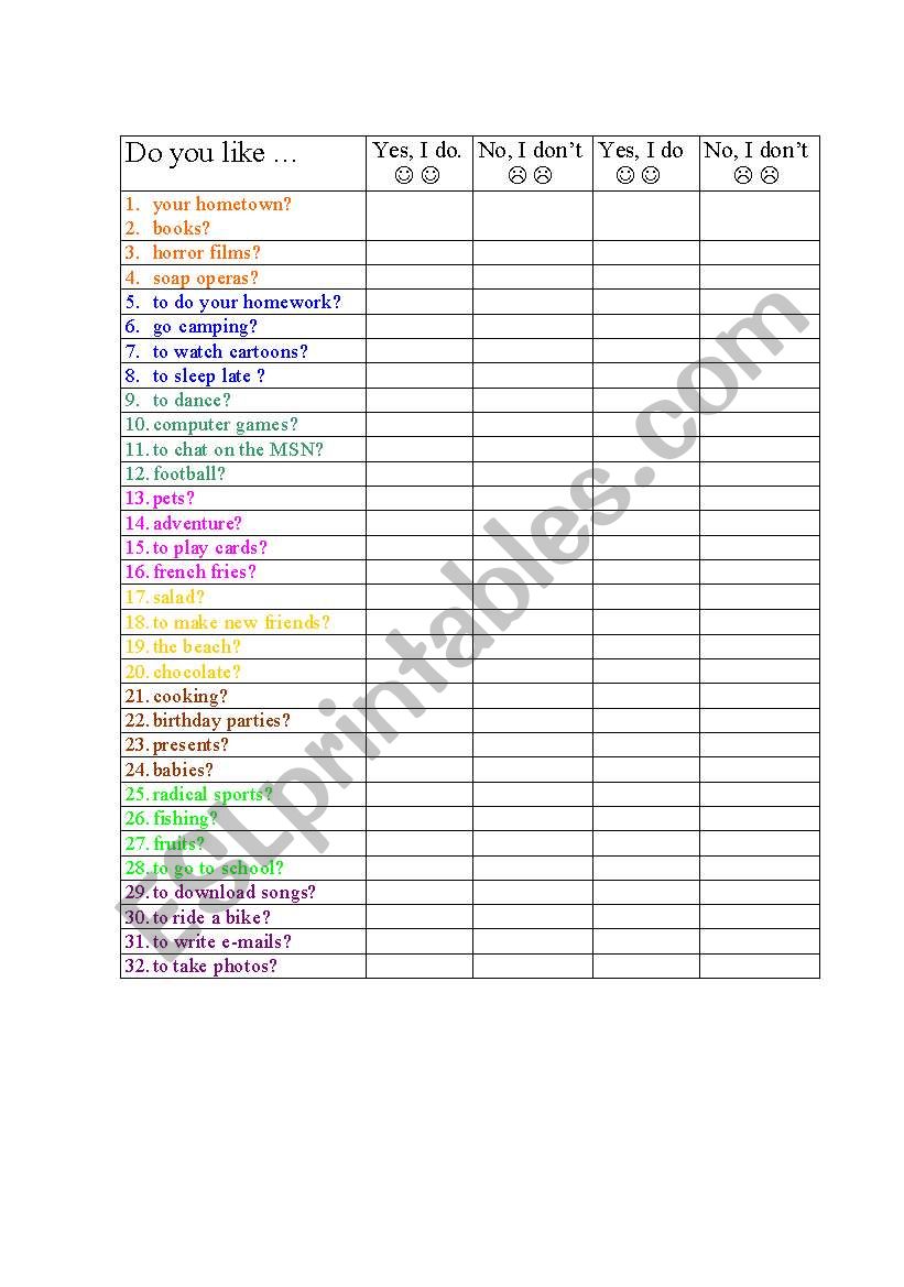 Do you like?  worksheet