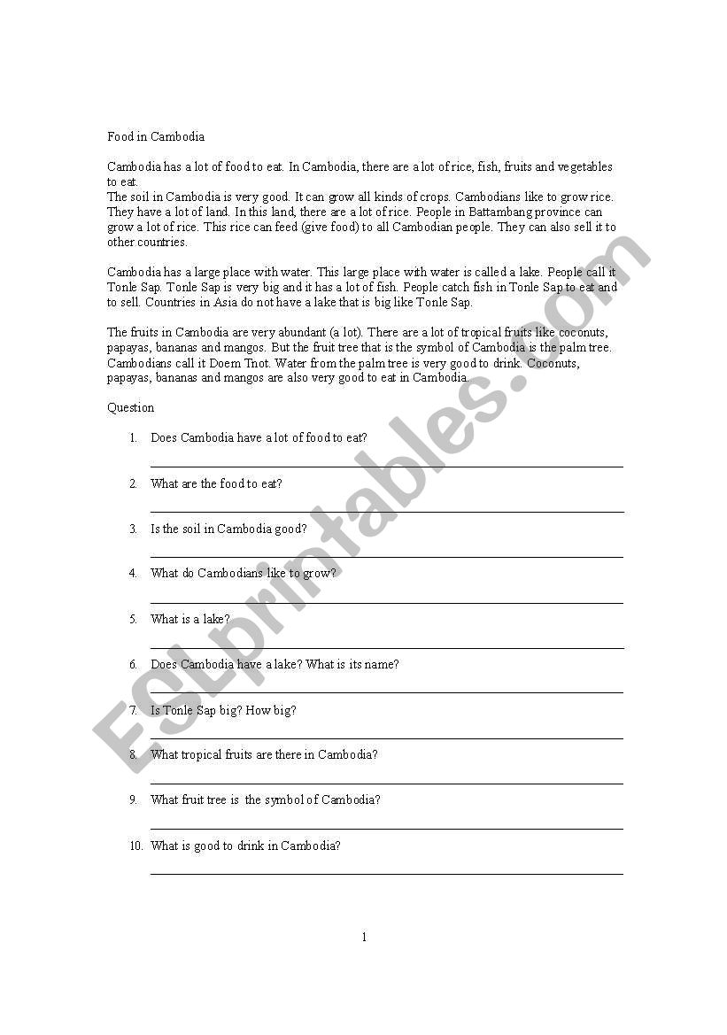 Food in Cambodia worksheet