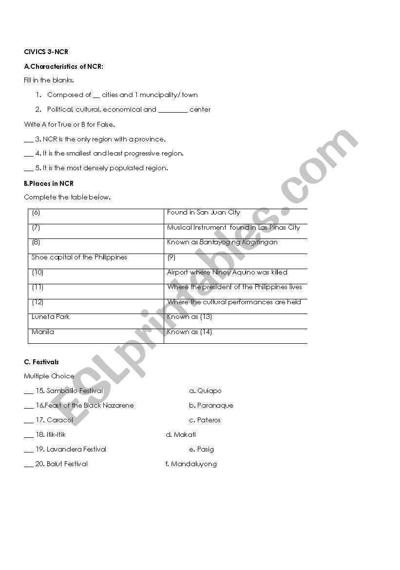 CIVICS grade 3-NCR  worksheet