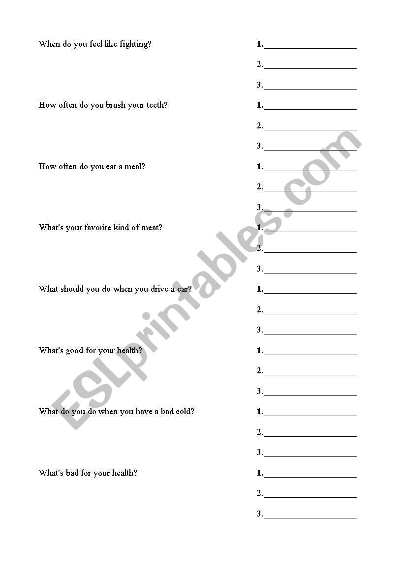 Question and answer game worksheet