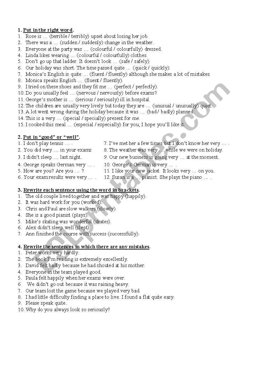 Adjectives vs adverbs worksheet