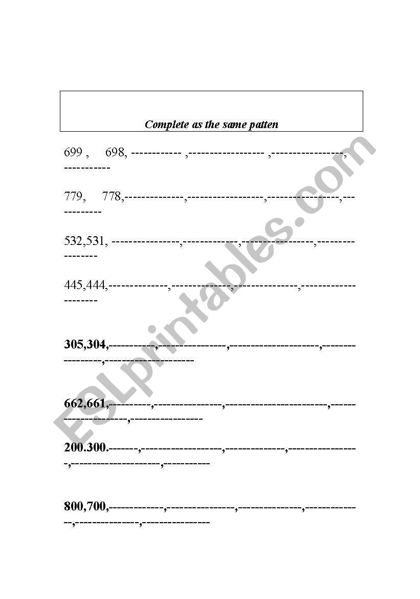 COMPLETE AS THE SAME PATTERN worksheet