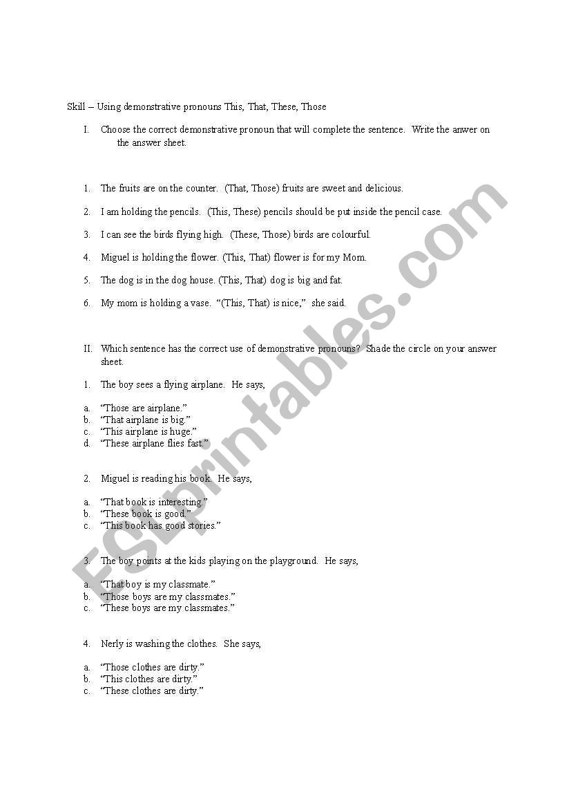 DEMONSTRATIVE PRONOUNS worksheet