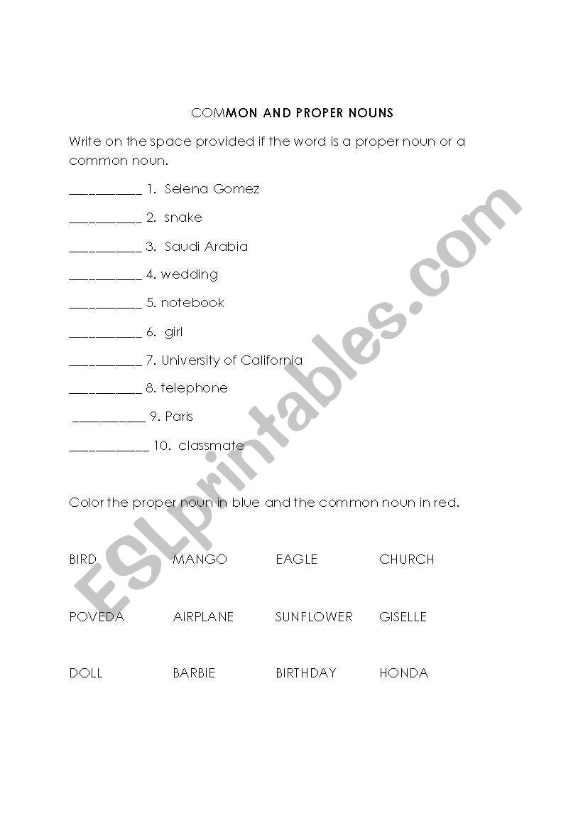 Common and Proper Nouns Exercises