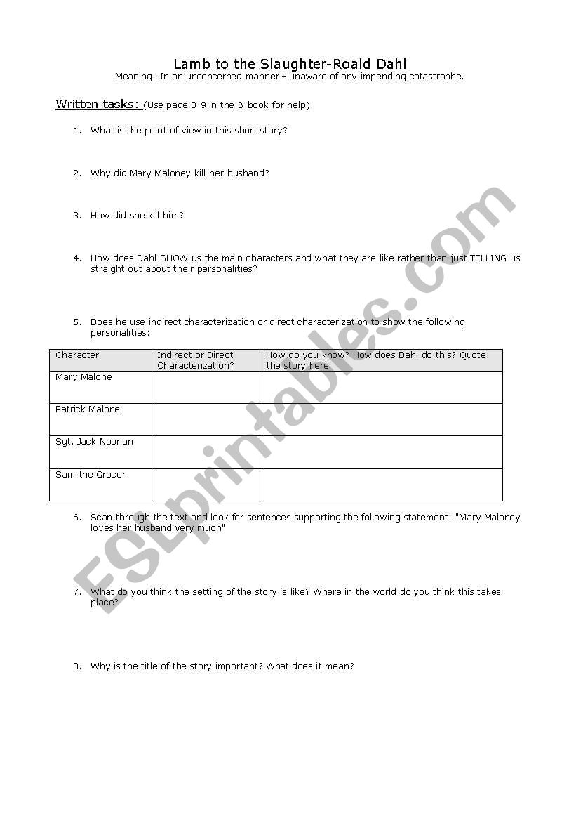 Lamb to the Slaughter  worksheet