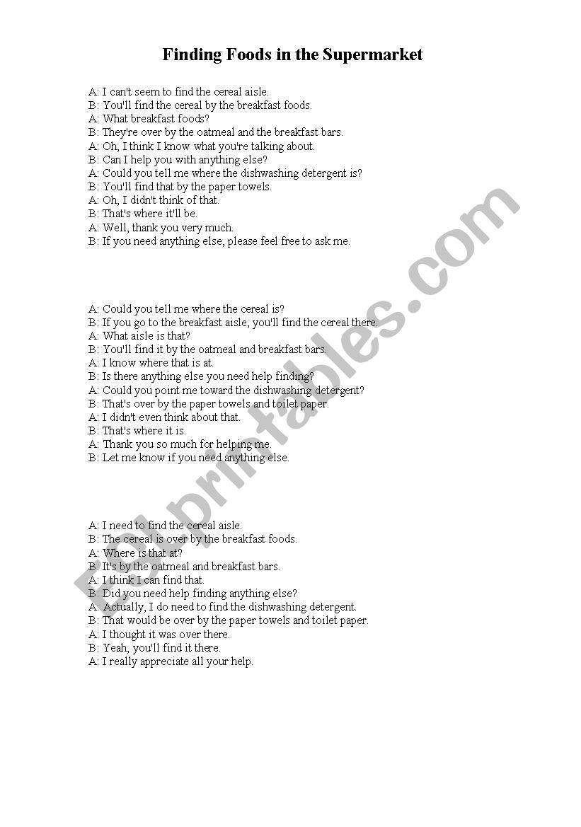 Supermarket conversation worksheet