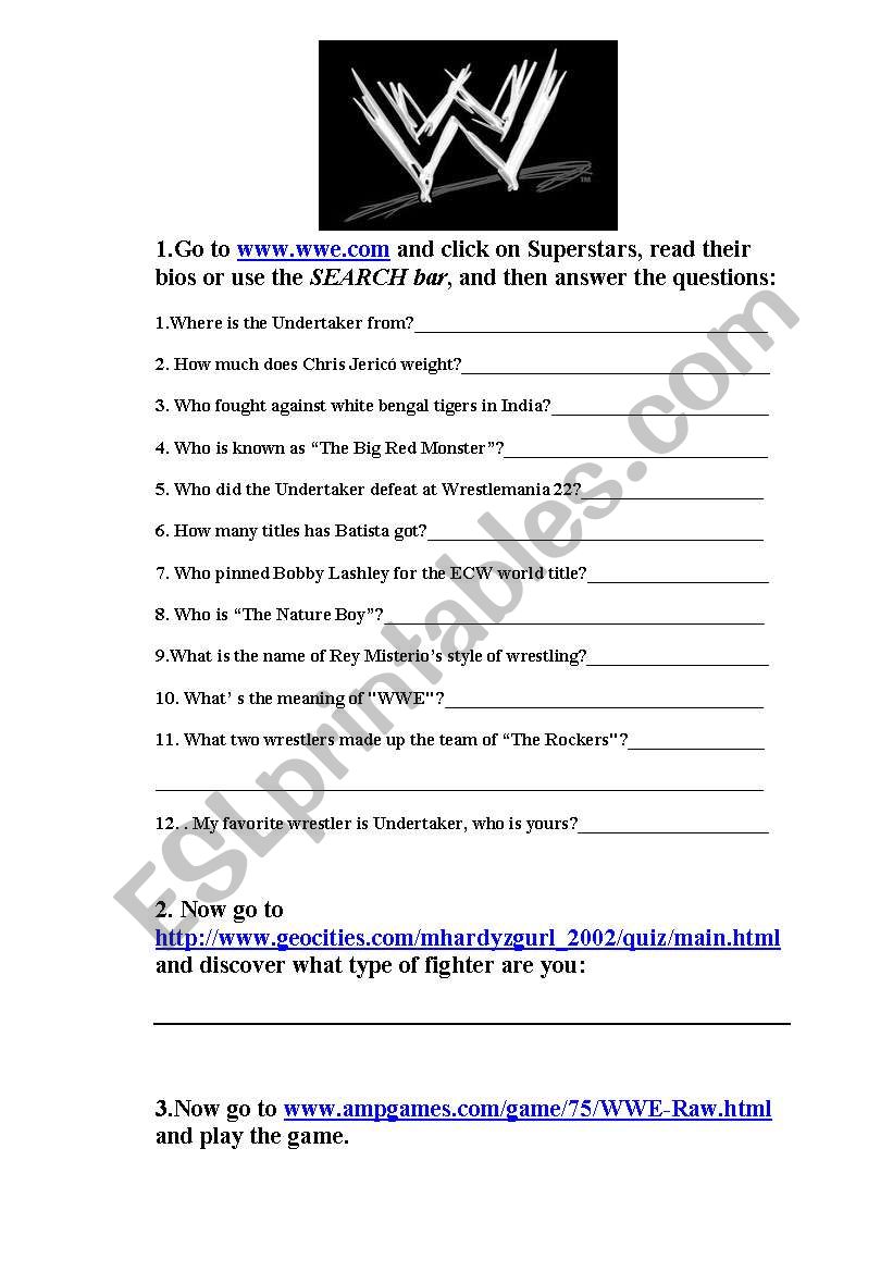 WWE Internet Activity worksheet