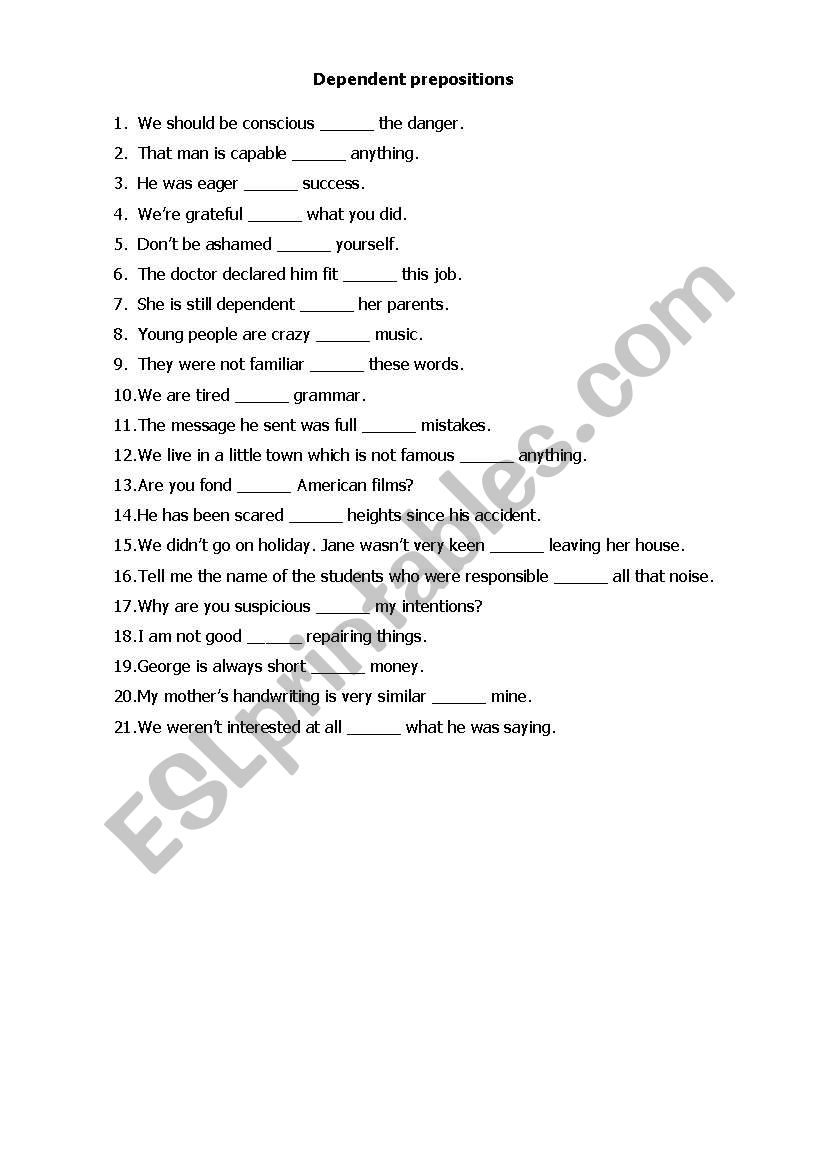 Dependent prepositions worksheet