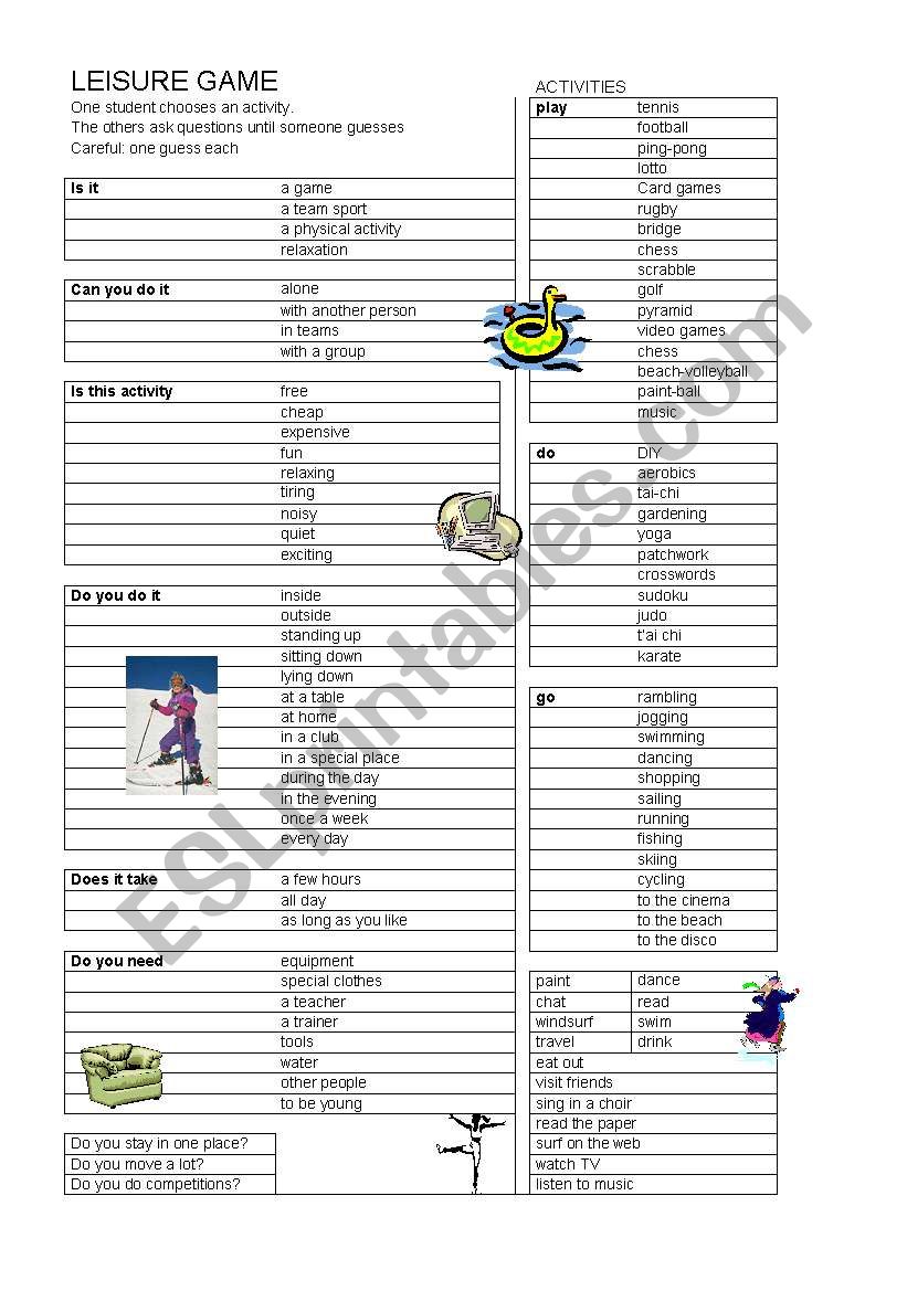 Leisure game worksheet