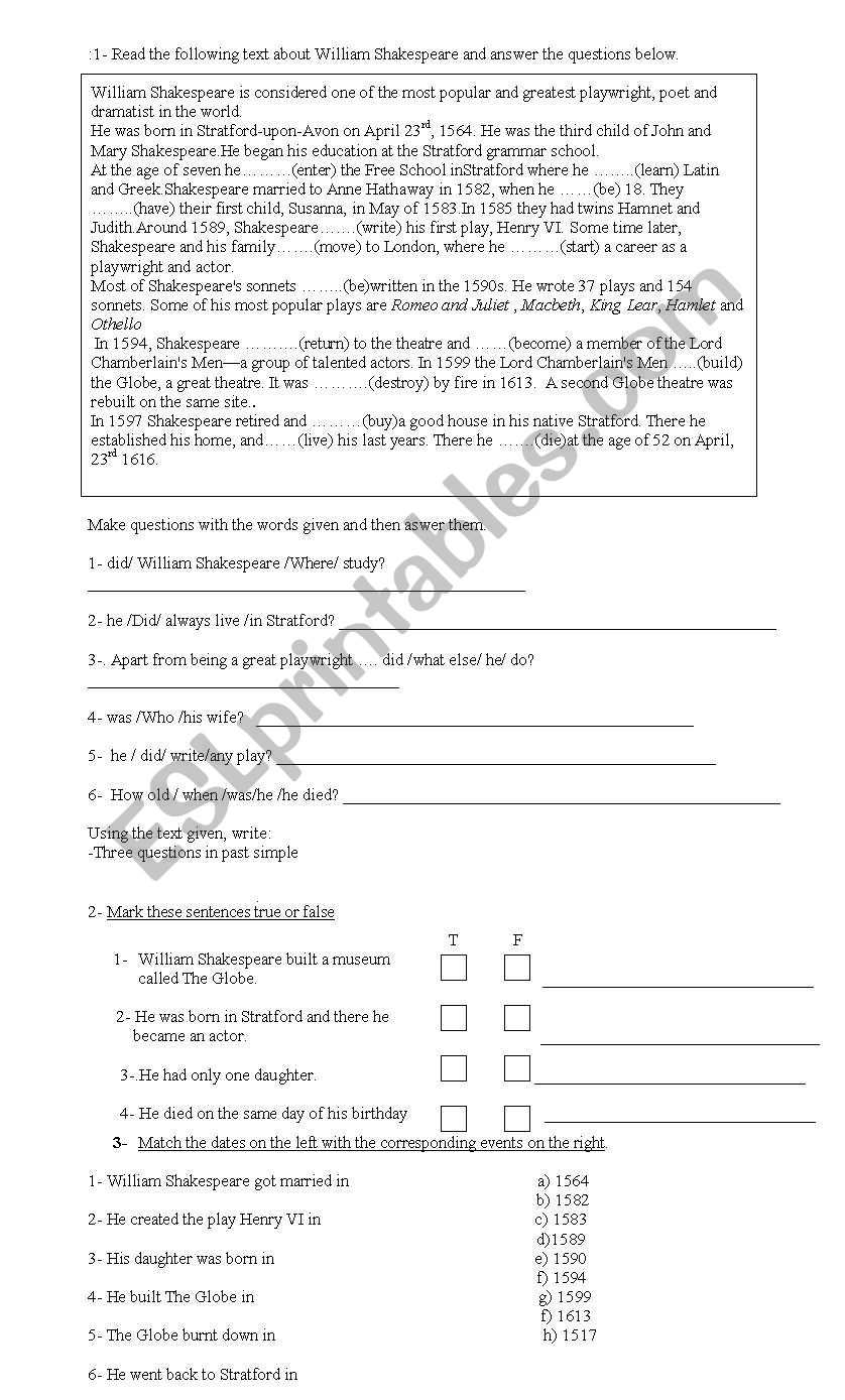 Shakespeare reading comprehension plus activities