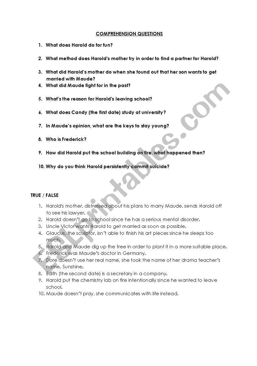 harold and maude questions worksheet