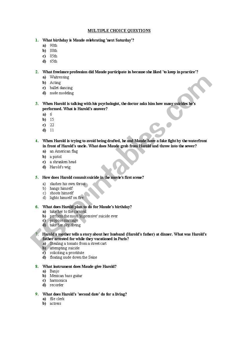 multiple choice questions harold and maude