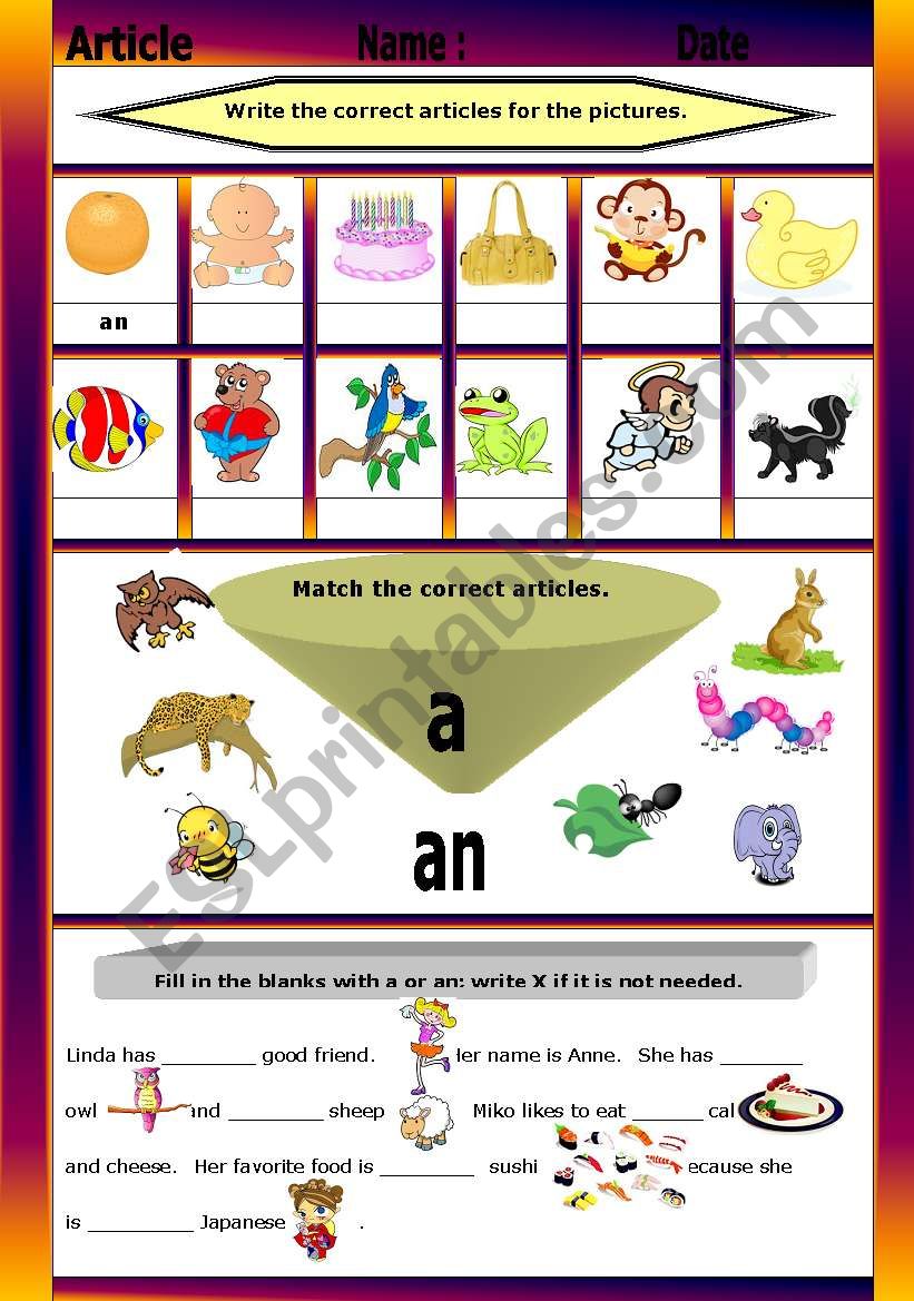 Articles  worksheet