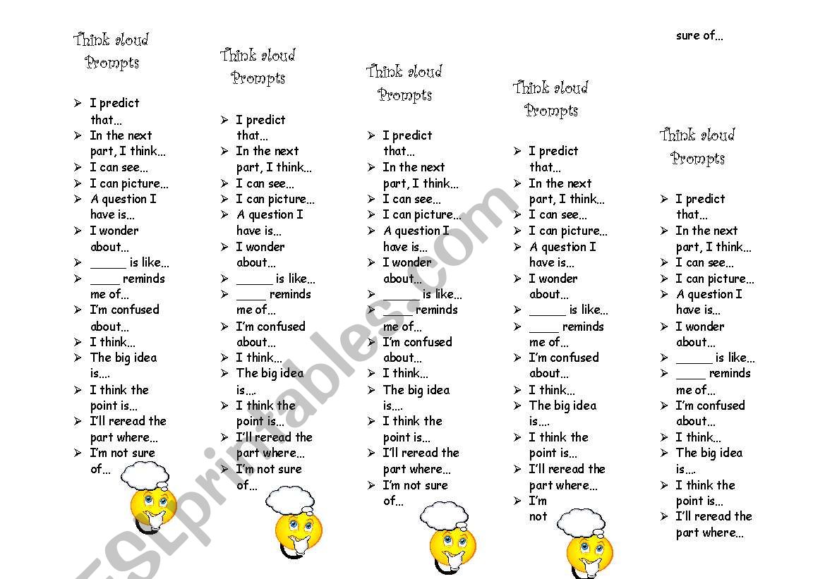 Think aloud bookmarks worksheet