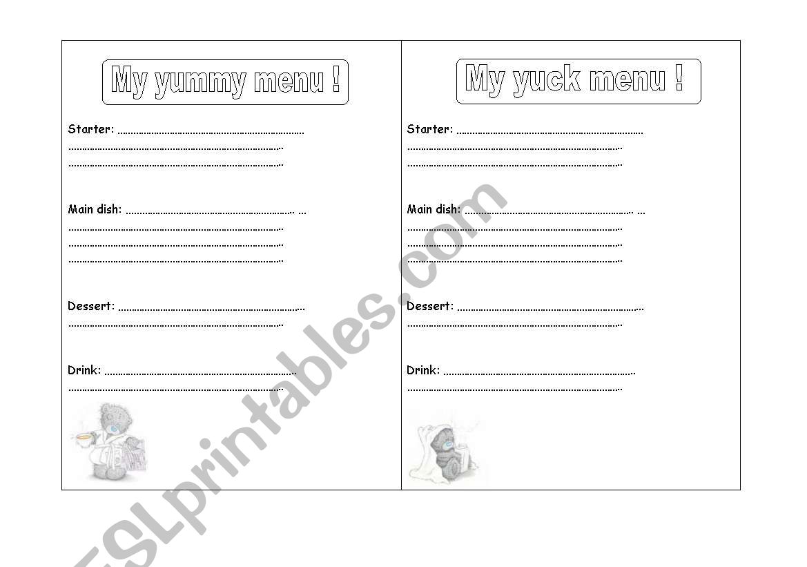 My yummy and yuck menu worksheet