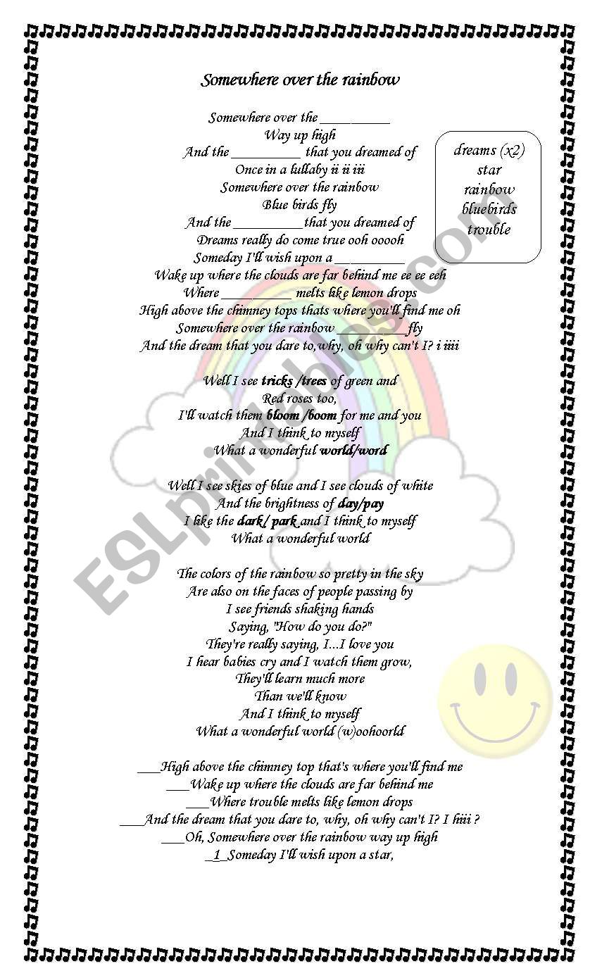 Somewhere over the rainbow worksheet