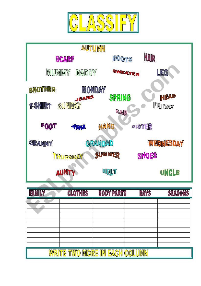 VOCABULRY CLASSIFICATION worksheet