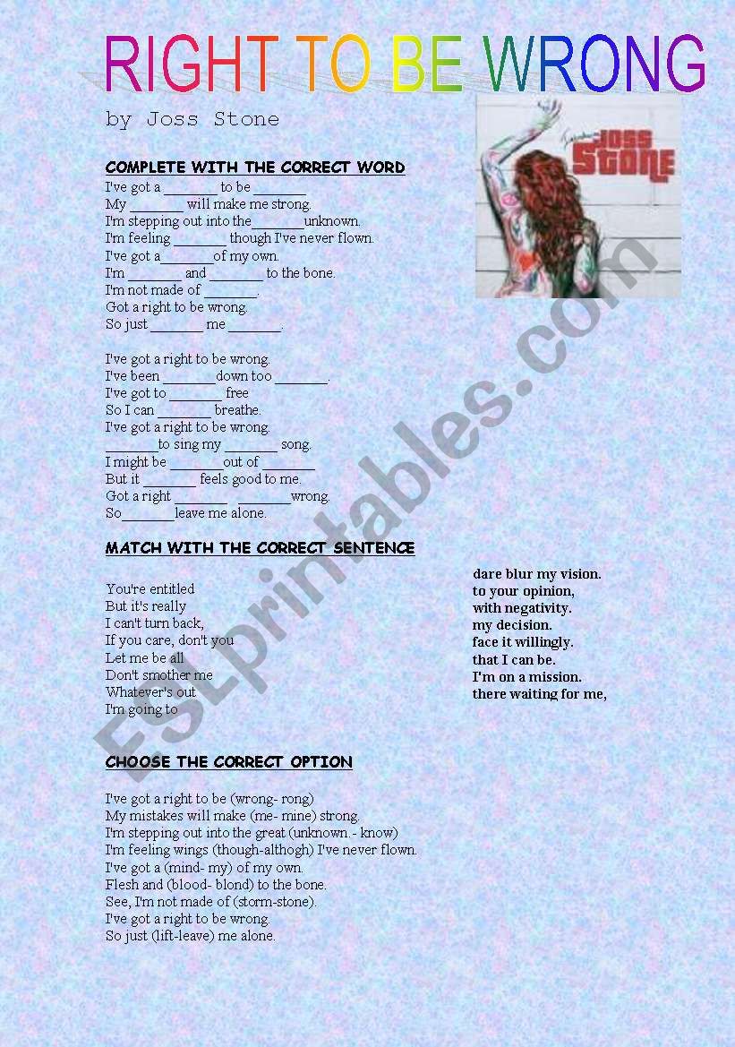 right to be wrong- song + key worksheet