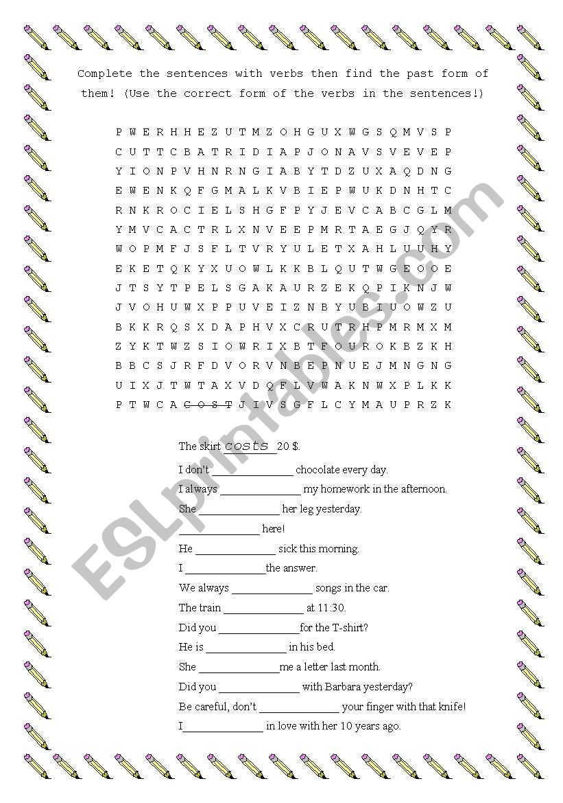 Irregular verbs wordsearch worksheet