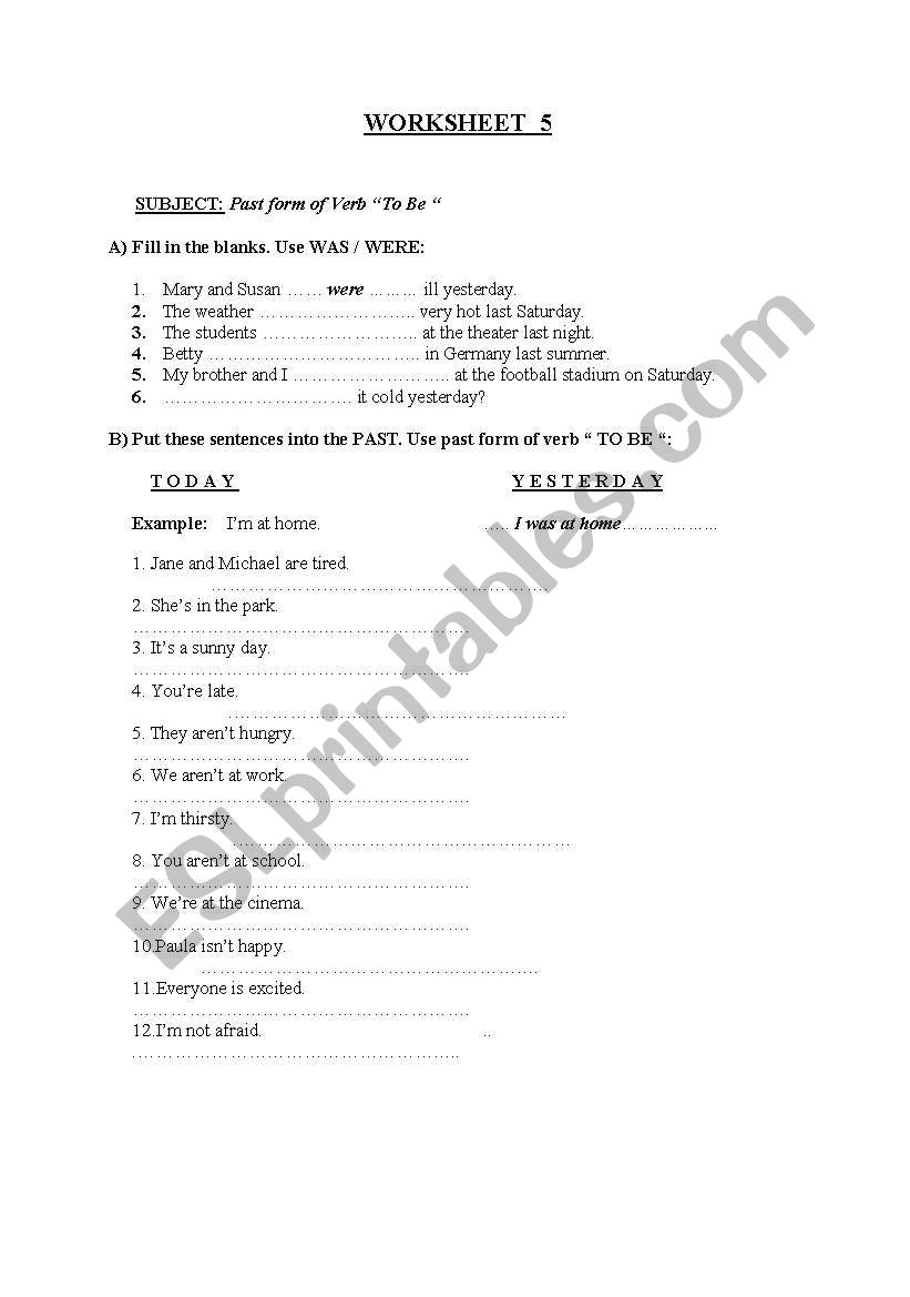 was were worksheet