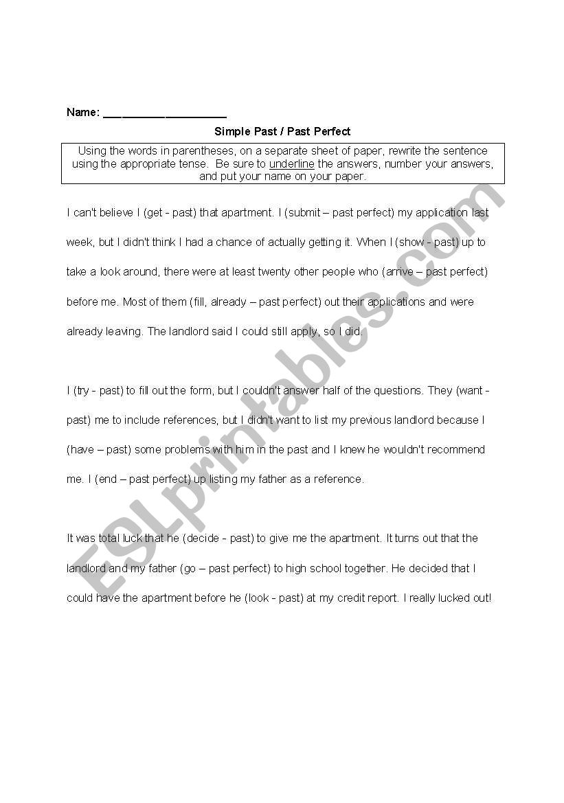 Past Perfect Verb Tense Worksheet with Key