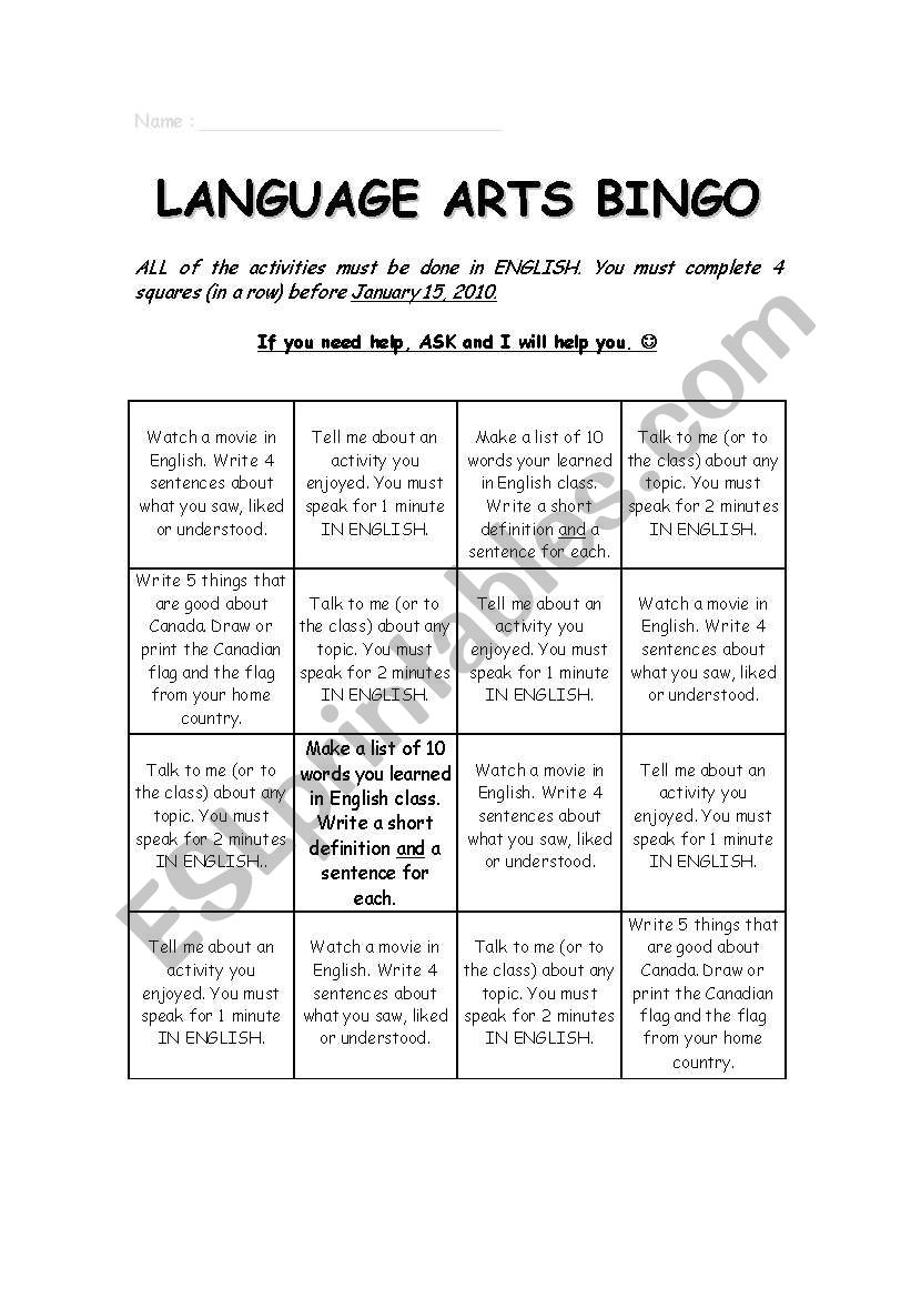 LANGUAGE ARTS BINGO worksheet