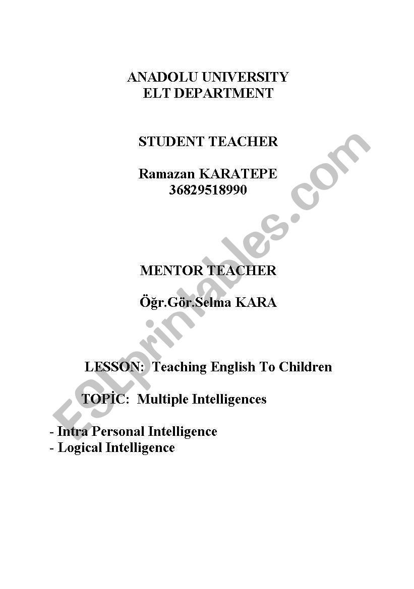 Multiple Intelligences worksheet