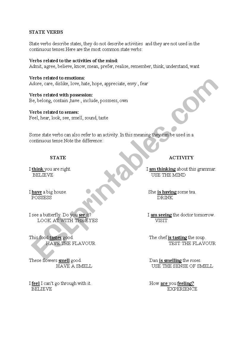 state verbs worksheet