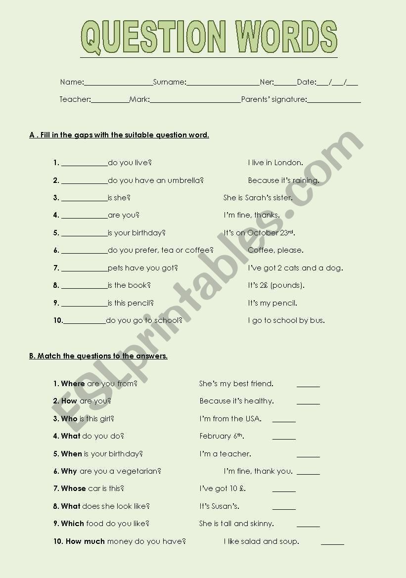 question words mini-test worksheet