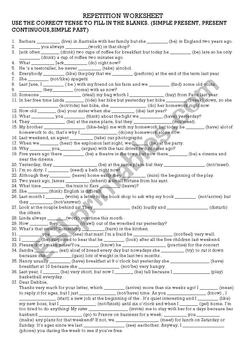 TENSE REVISION SIMPLE PRESENT,PRESENT CONT., SIMPLE PAST