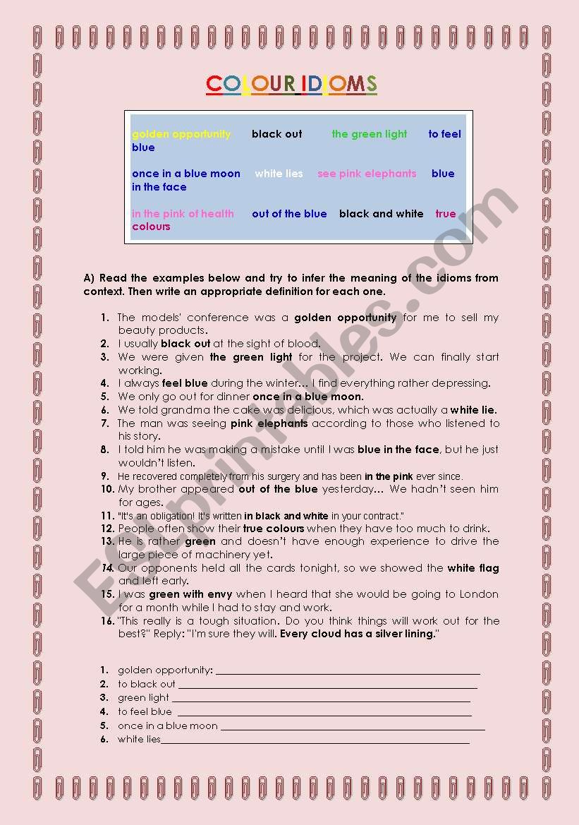 COLOUR IDIOMS worksheet