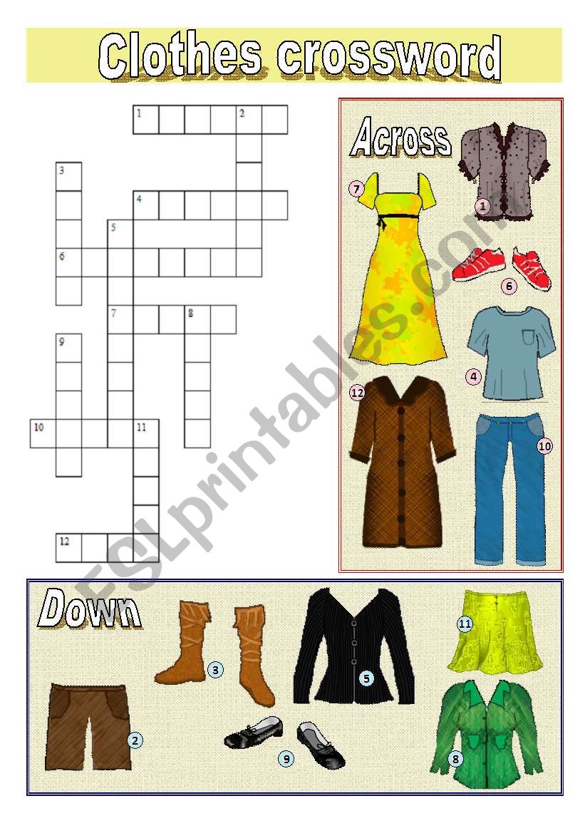 Clothes crossword worksheet