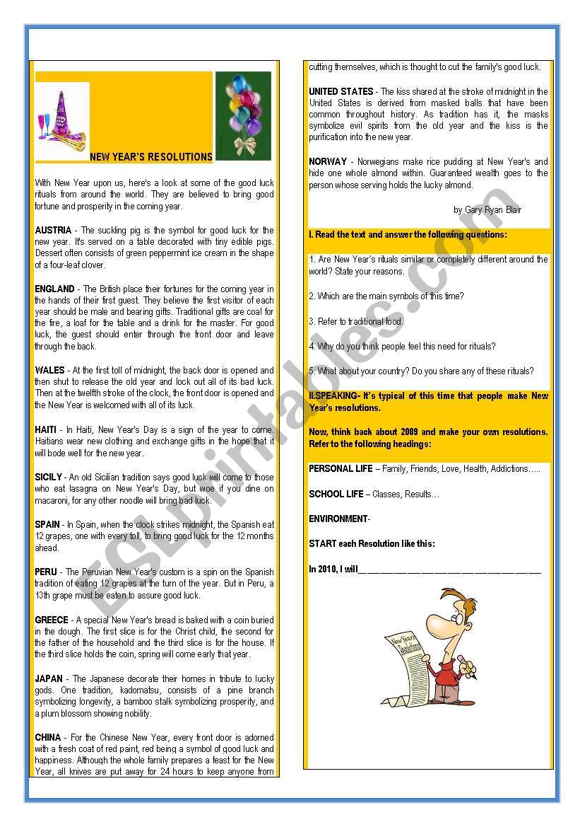 NEW YEARÂ´S RESOLUTIONS worksheet
