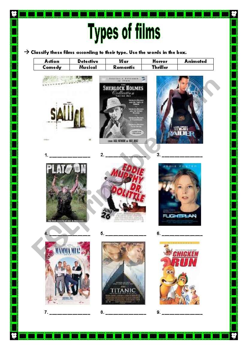 Types of films worksheet